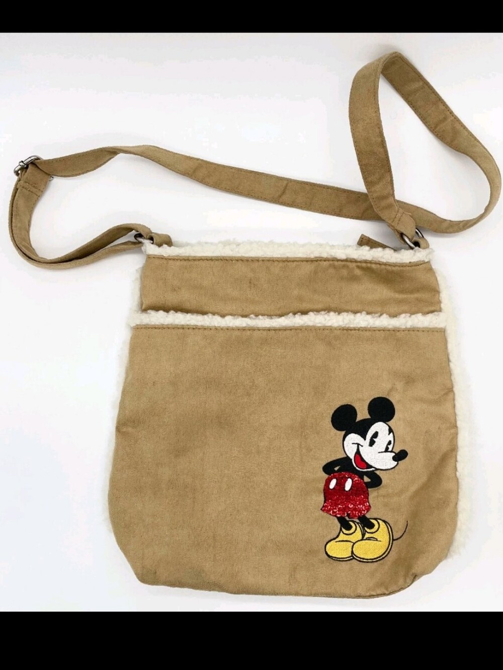 DISNEY Sherpa Trim Beige Suede Mickey Mouse Crossbody Shoulder Adjustable Bag.